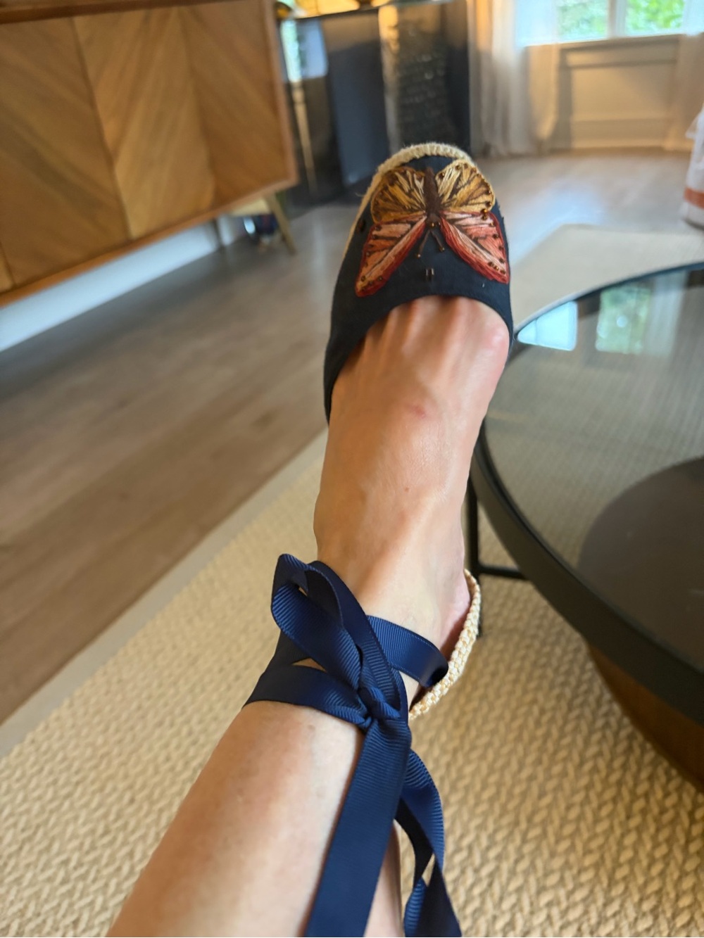 Christian Louboutin Navy Ribbon Espadrille Wedge with Embroidered Toe - Picture 2 of 5